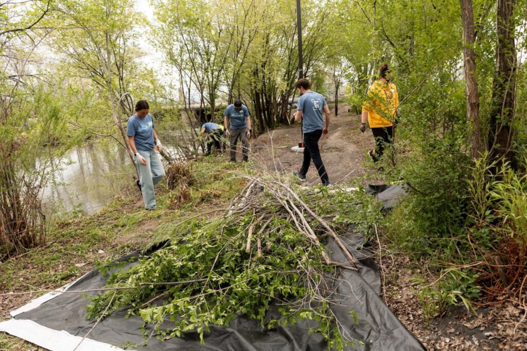 Several people wearing gloves and casual clothes gather branches and clear vegetation near the North Temple Jordan River, preparing the site for a potential all-electric mixed-use development surrounded by trees.