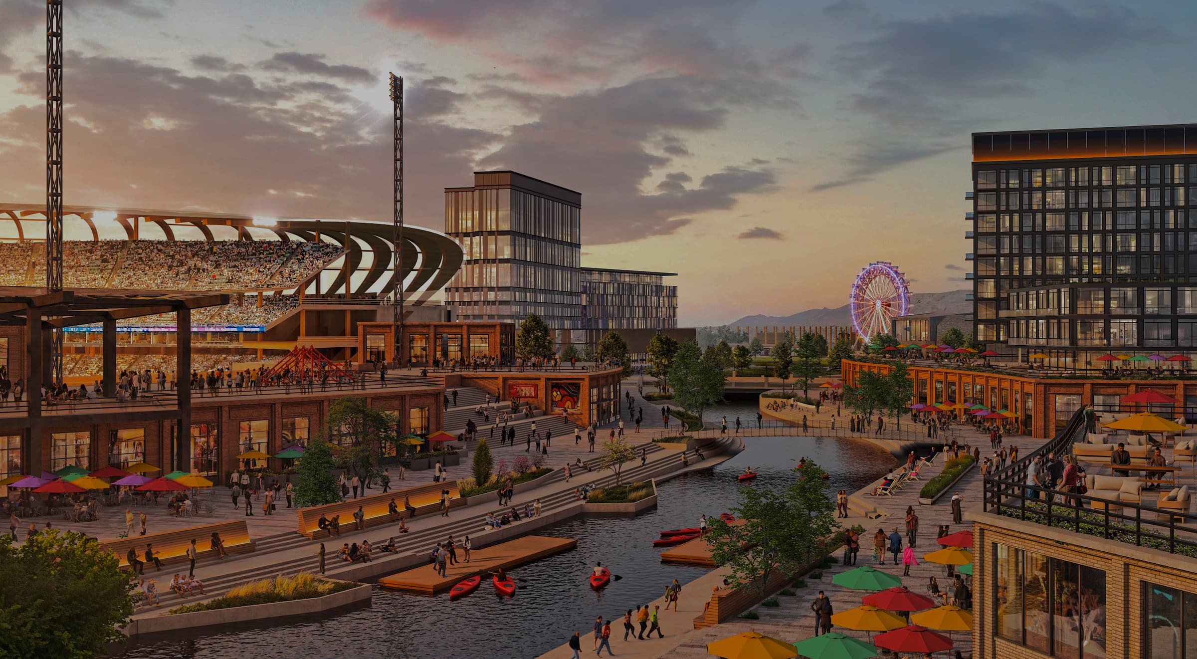 An urban entertainment district in the Salt Lake westside business district features a stadium, modern buildings, and a canal along the North Temple Jordan River, with kayakers, outdoor seating, and a Ferris wheel at sunset as crowds gather.