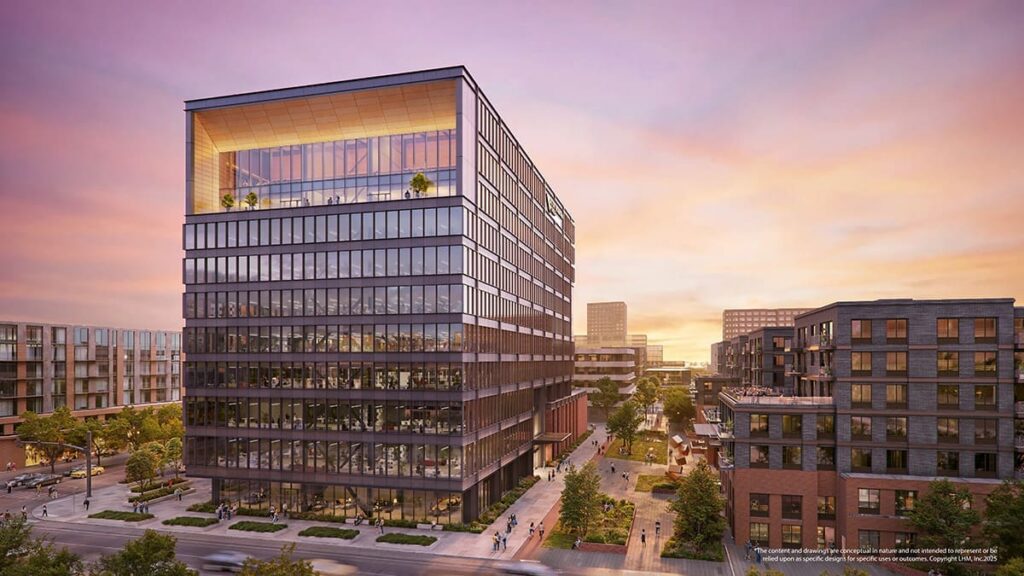 Modern office buildings and apartments line a tree-filled street at sunset in an all-electric mixed-use development, with glass facades reflecting the sky and people walking on sidewalks below in the Salt Lake westside business district.