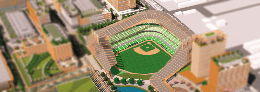 Aerial view of a baseball stadium in the Salt Lake westside business district, surrounded by urban buildings, with green seating areas and a visible baseball diamond at the center.