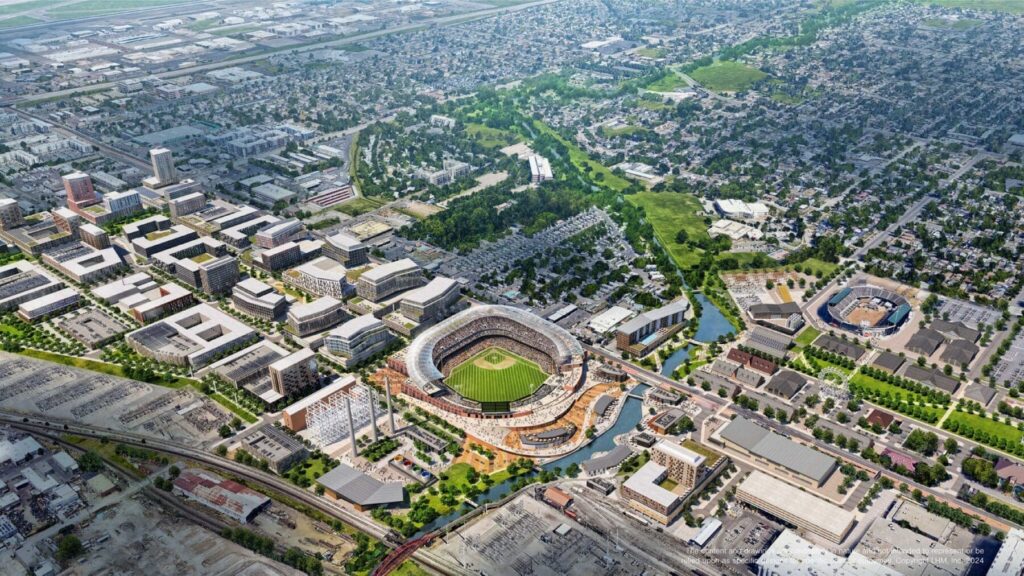 Aerial view of a large baseball stadium in the Salt Lake westside business district, surrounded by parking lots, buildings, roads, and residential neighborhoods—an ideal site for MLB expansion Salt Lake City.