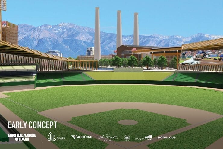 Rendering of a proposed baseball stadium for the MLB expansion Salt Lake City, featuring a green field and cityscape with smokestacks, mountains, and the North Temple Jordan River—all part of an all-electric mixed-use development. "EARLY CONCEPT" on screen.