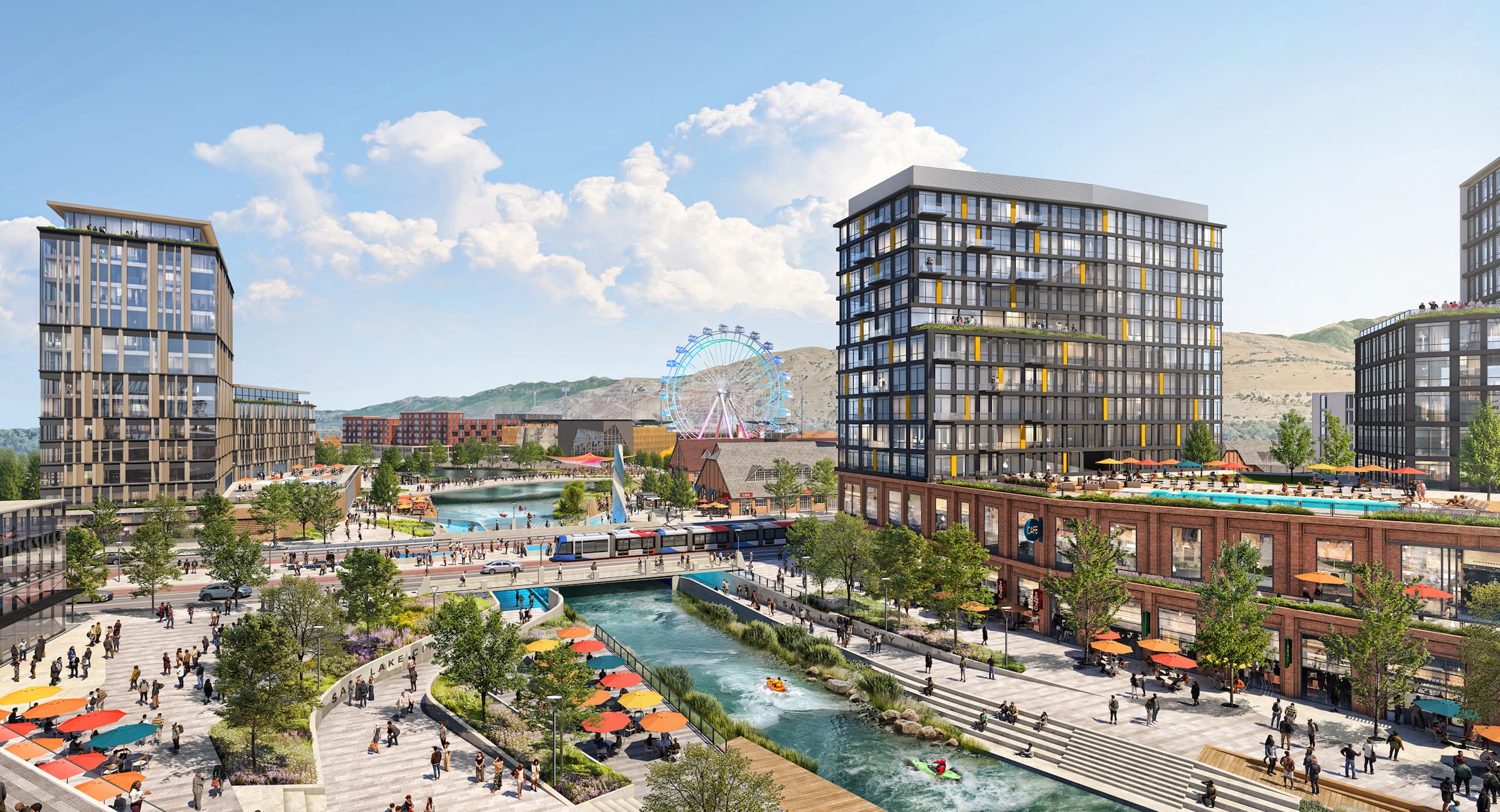 Modern urban development near North Temple Jordan River, featuring high-rise buildings, a canal with umbrellas, walking paths, a ferris wheel in the background, and people throughout this all-electric mixed-use development.