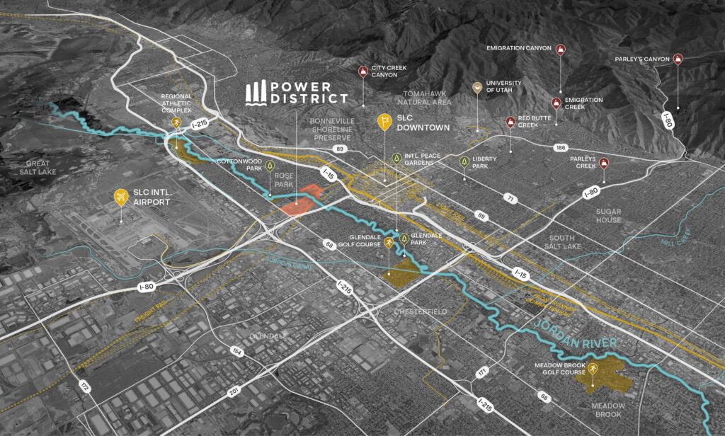 Mapa aéreo que resalta el área del Power District en Salt Lake City, incluyendo el distrito de negocios del oeste de Salt Lake y el río Jordan de North Temple, con ubicaciones clave, carreteras y vías fluviales etiquetadas.