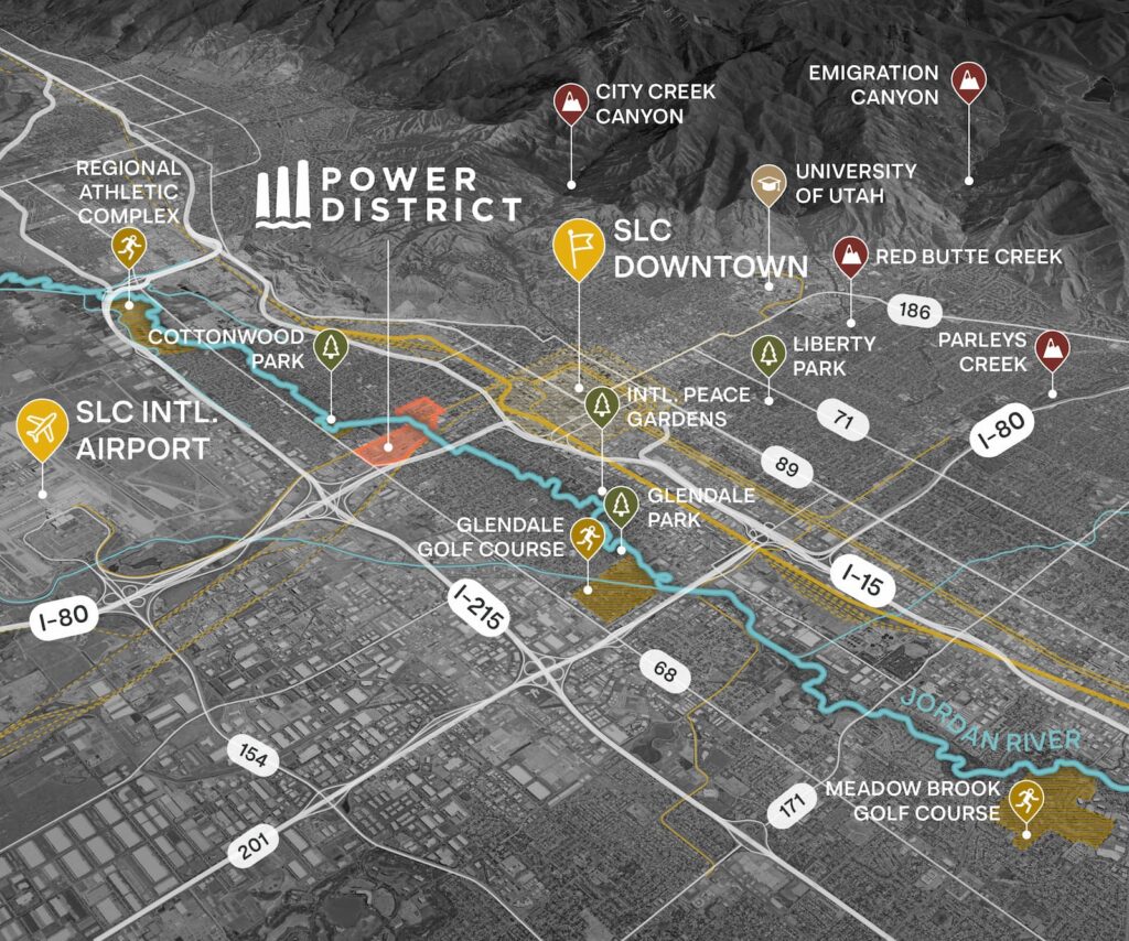 Un mapa etiquetado de Salt Lake City destaca puntos de referencia como el centro de SLC, el Aeropuerto Internacional de SLC, parques, cañones y el Power District, sitio de un desarrollo de uso mixto totalmente eléctrico en el creciente distrito comercial del oeste de Salt Lake.