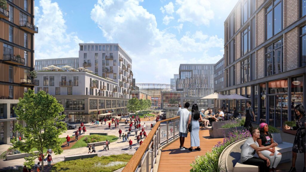 Una plaza urbana moderna junto al río Jordan de North Temple, donde la gente camina, cena y se relaja entre edificios contemporáneos en un día soleado.
