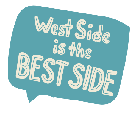 Una burbuja de diálogo azul contiene el texto "West Side is the BEST SIDE" en letras gruesas de color crema, destacando el orgullo por el desarrollo listo para comenzar de Salt Lake City y el crecimiento de uso mixto totalmente eléctrico.