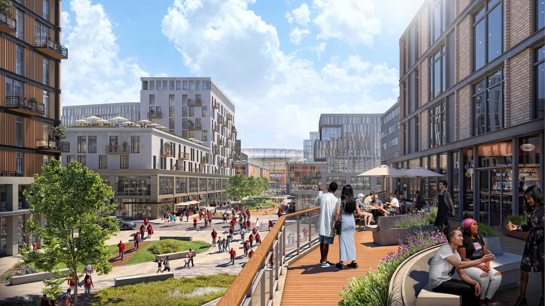 People walk and gather in a modern urban plaza surrounded by multi-story buildings, with outdoor seating and greenery—showcasing the vibrant Salt Lake westside business district near North Temple Jordan River under a partly cloudy sky.