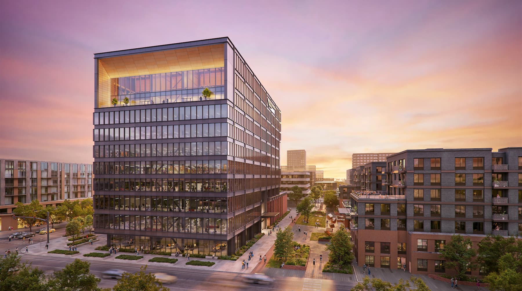 A modern multi-story office building with glass windows is shown at sunset, set in the vibrant Salt Lake westside business district, surrounded by other buildings, trees, and pedestrians.