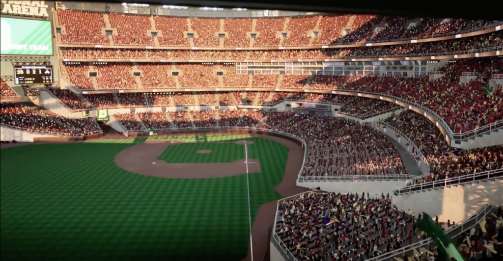 Un estadio de béisbol lleno de aficionados en las gradas, un campo verde y la luz del sol proyectando sombras sobre las áreas de asientos, ubicado en el vibrante distrito comercial oeste de Salt Lake City, donde crece la emoción por la expansión de la MLB en Salt Lake City.