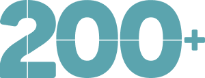 Texto turquesa grande que dice "200+" sobre un fondo claro, haciendo referencia a la escala del desarrollo mixto totalmente eléctrico cerca del Río Jordan de North Temple, con los números y el signo de más divididos uniformemente por líneas horizontales y verticales blancas.