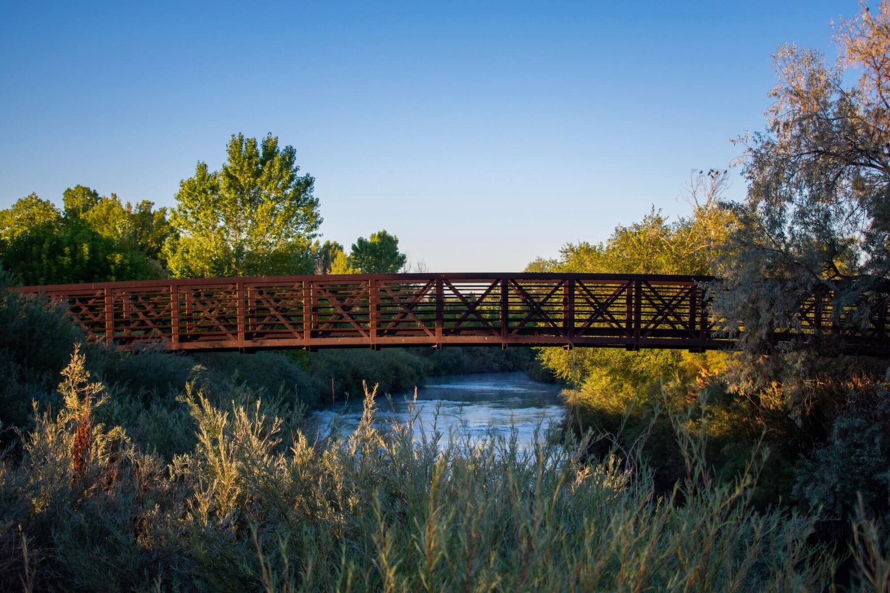 Un puente peatonal de madera cruza el río Jordan del Templo del Norte, rodeado de árboles y arbustos verdes bajo un cielo azul claro, una escena que invita cerca del desarrollo listo para iniciarse que Utah considera para la expansión de la MLB en Salt Lake City.