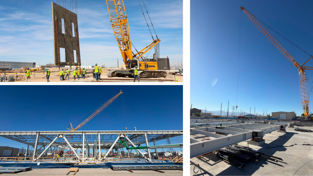 Collage de imágenes de una obra de construcción que muestra trabajadores, una grúa grande levantando un muro de concreto y una estructura de acero que se está ensamblando bajo cielos azules y despejados.